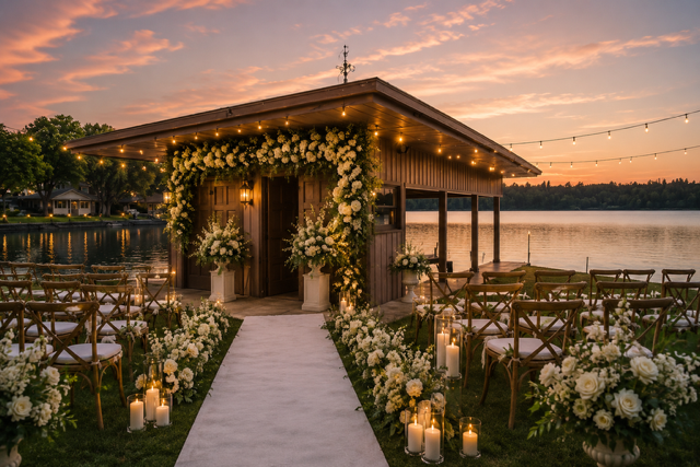 Boathouse set for a lakeside wedding ceremony