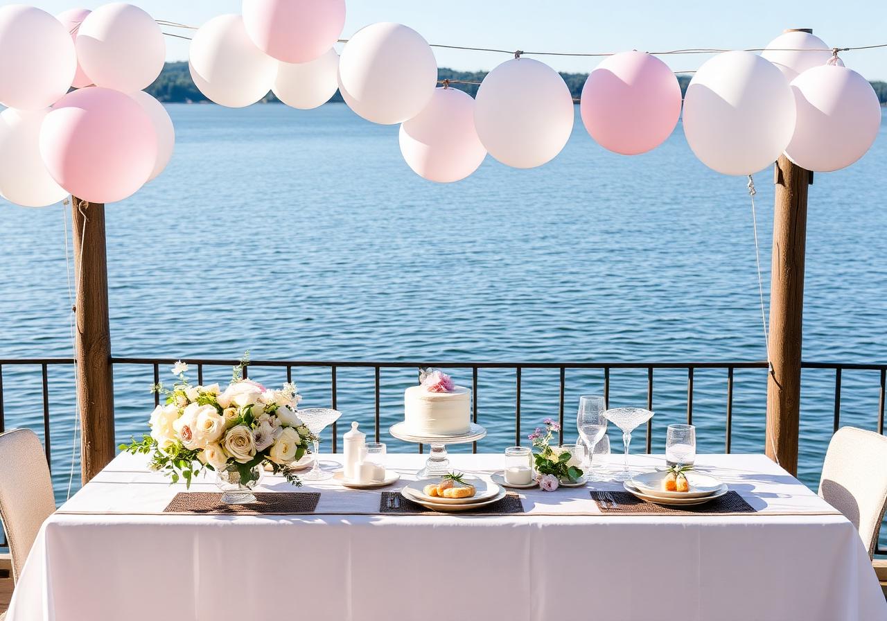 Elegant lakeside baby shower table with pastel balloons and florals