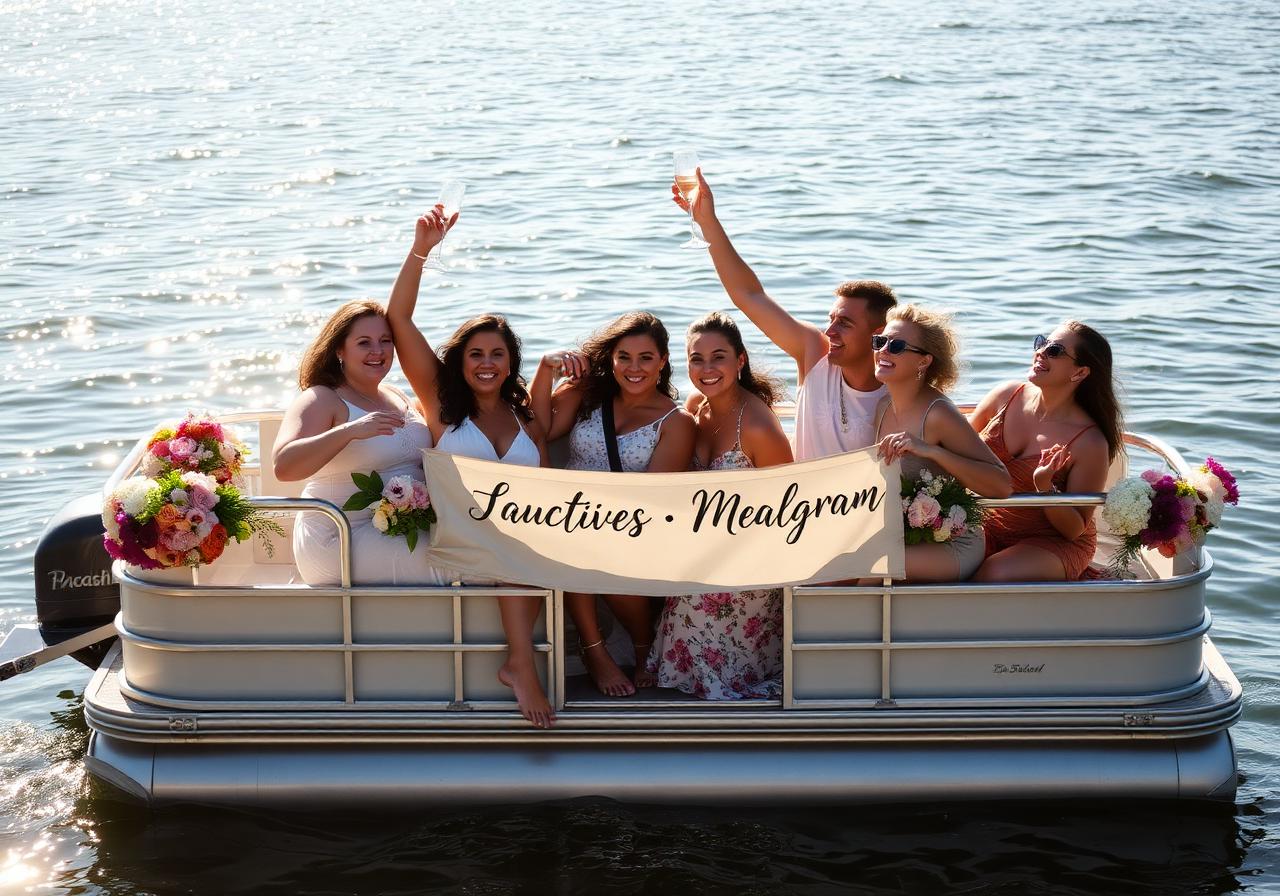 Friends celebrating on a decorated pontoon boat on a sparkling lake