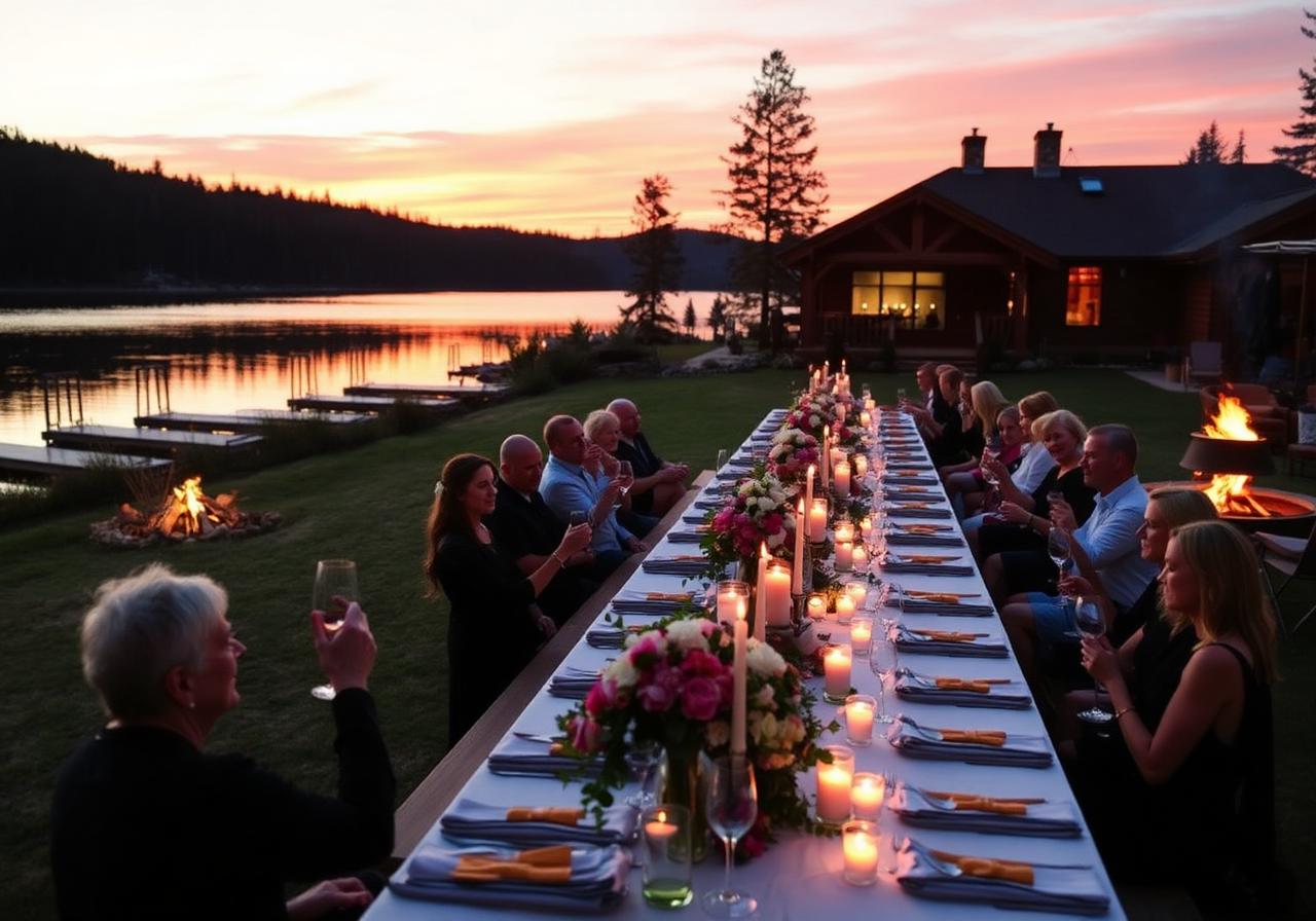 Long candlelit outdoor dinner table by the lake at sunset