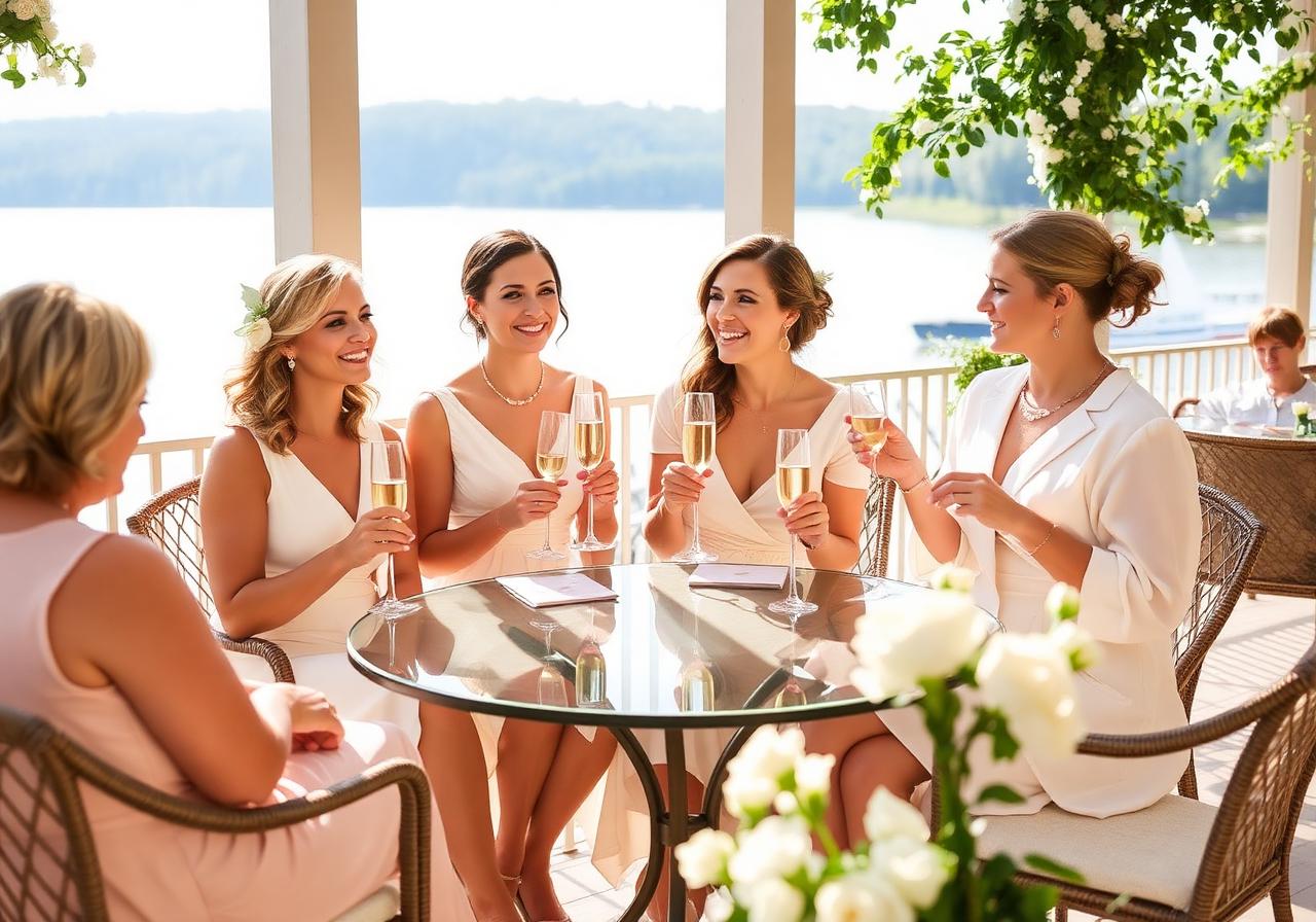 Bridal shower brunch on a sunlit waterfront terrace with champagne