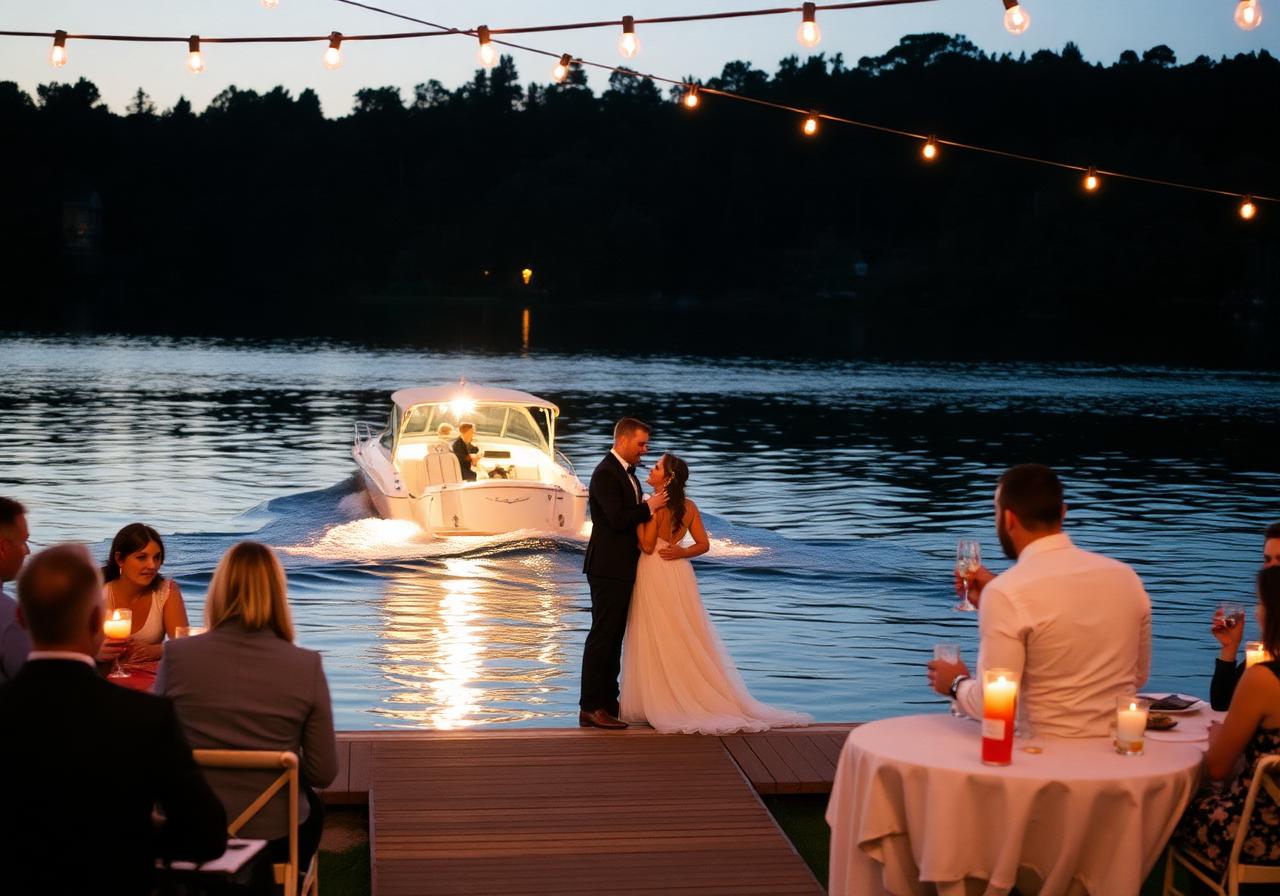 Couple arriving by boat at a lakeside engagement party at dusk