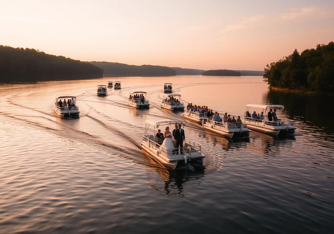 Procession of decorated pontoon boats carrying wedding guests across a lake