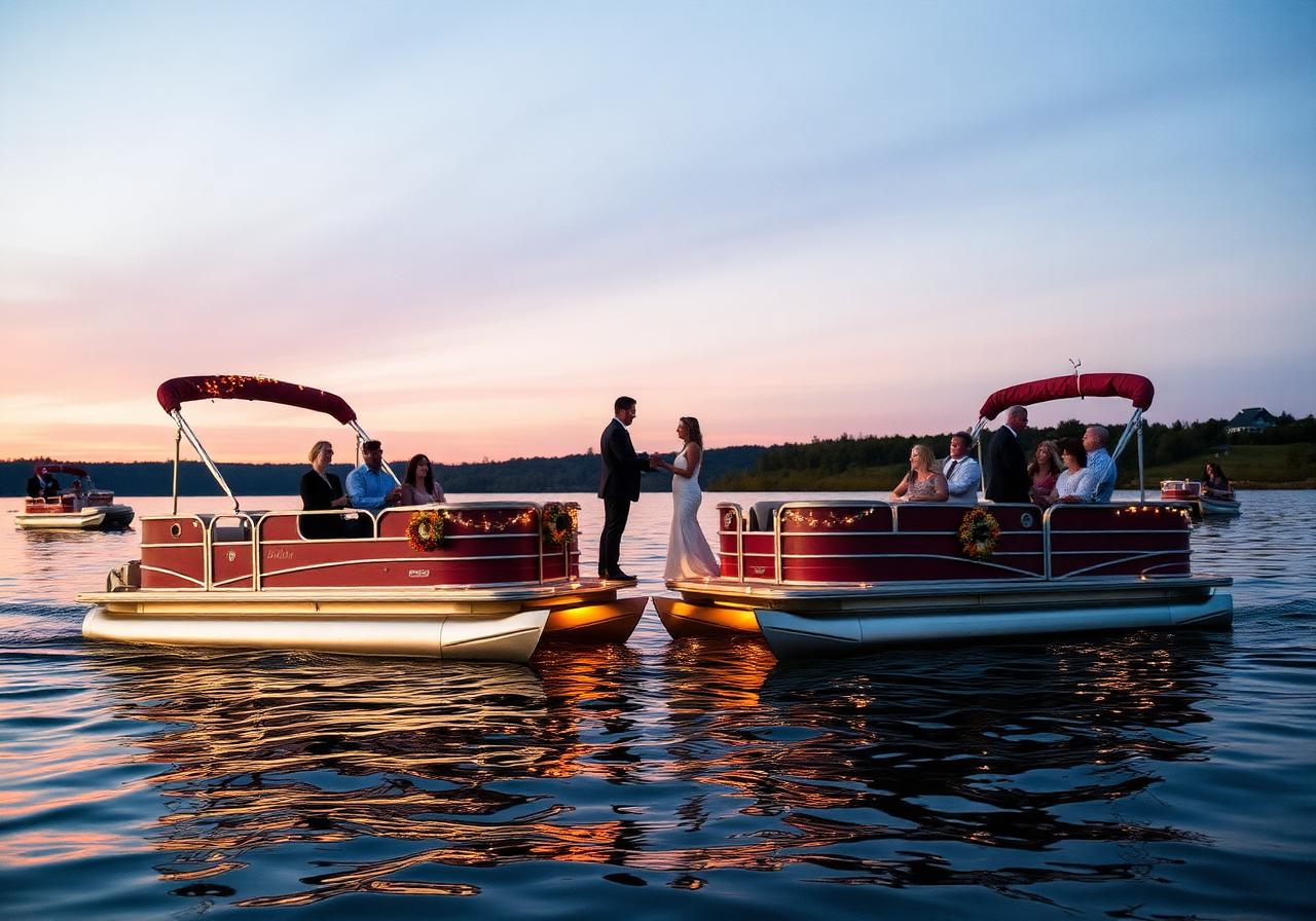 Couple exchanging rings between two pontoon boats at sunset on the lake