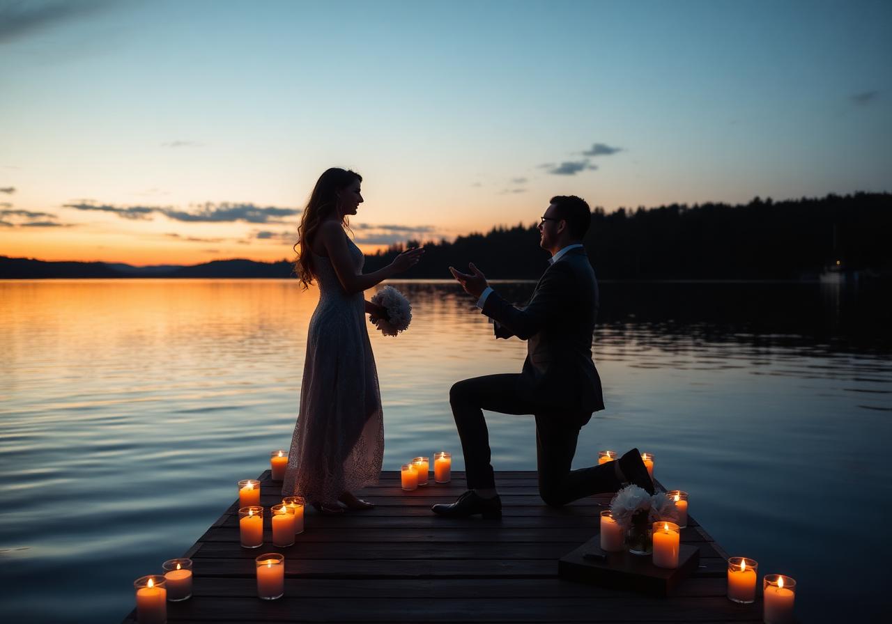 Couple at sunset proposal on candlelit lakeside dock