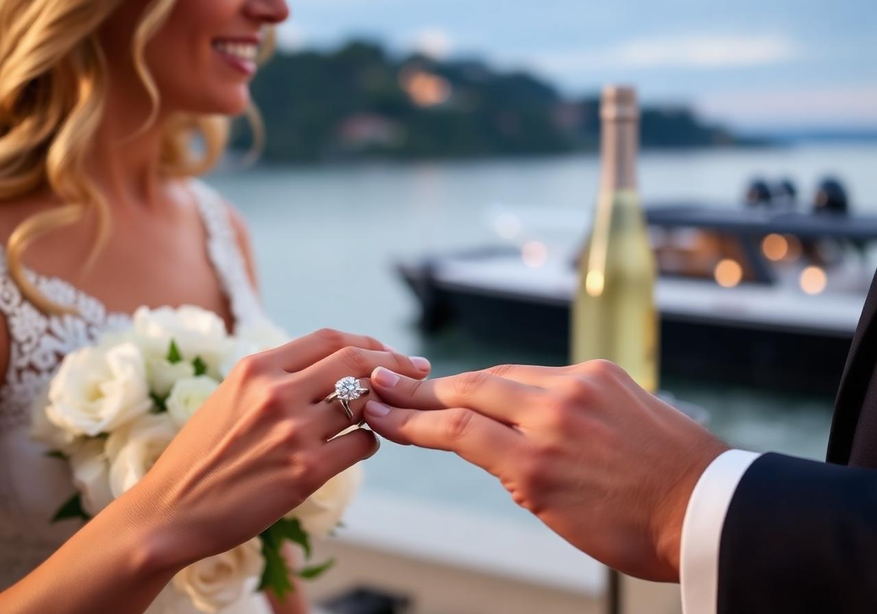 Diamond engagement ring being placed on finger with lakeside backdrop