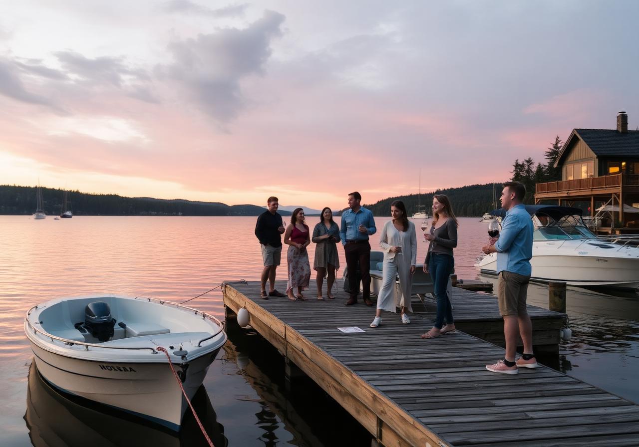 Friends gathered on a private dock at sunset with boats moored alongside