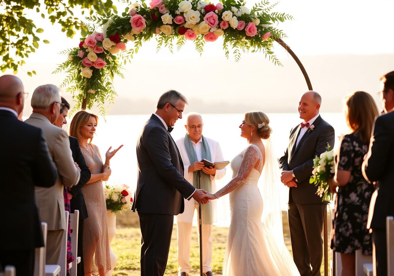 Couple renewing vows under a floral arch by the lake