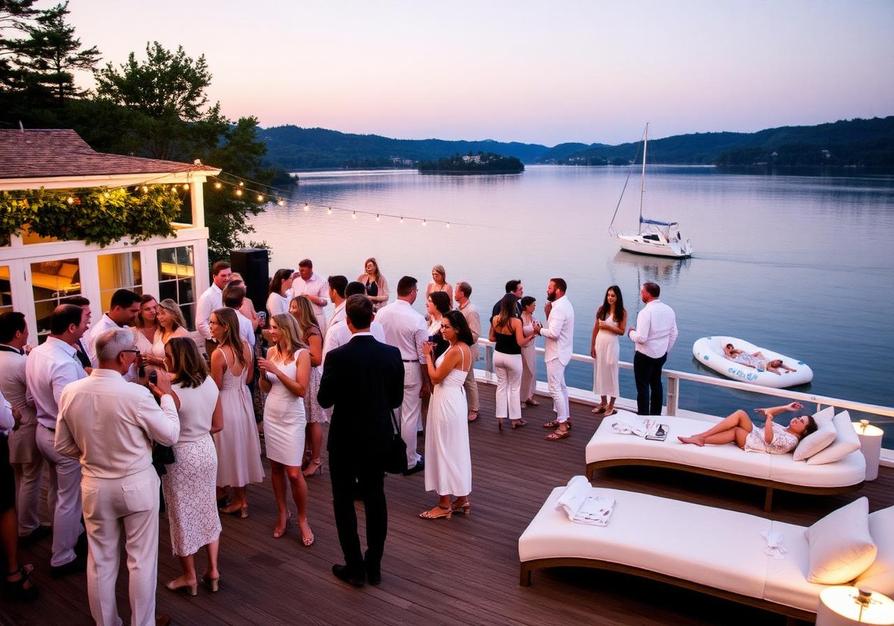Guests dressed in white mingling on a lakeside terrace at dusk