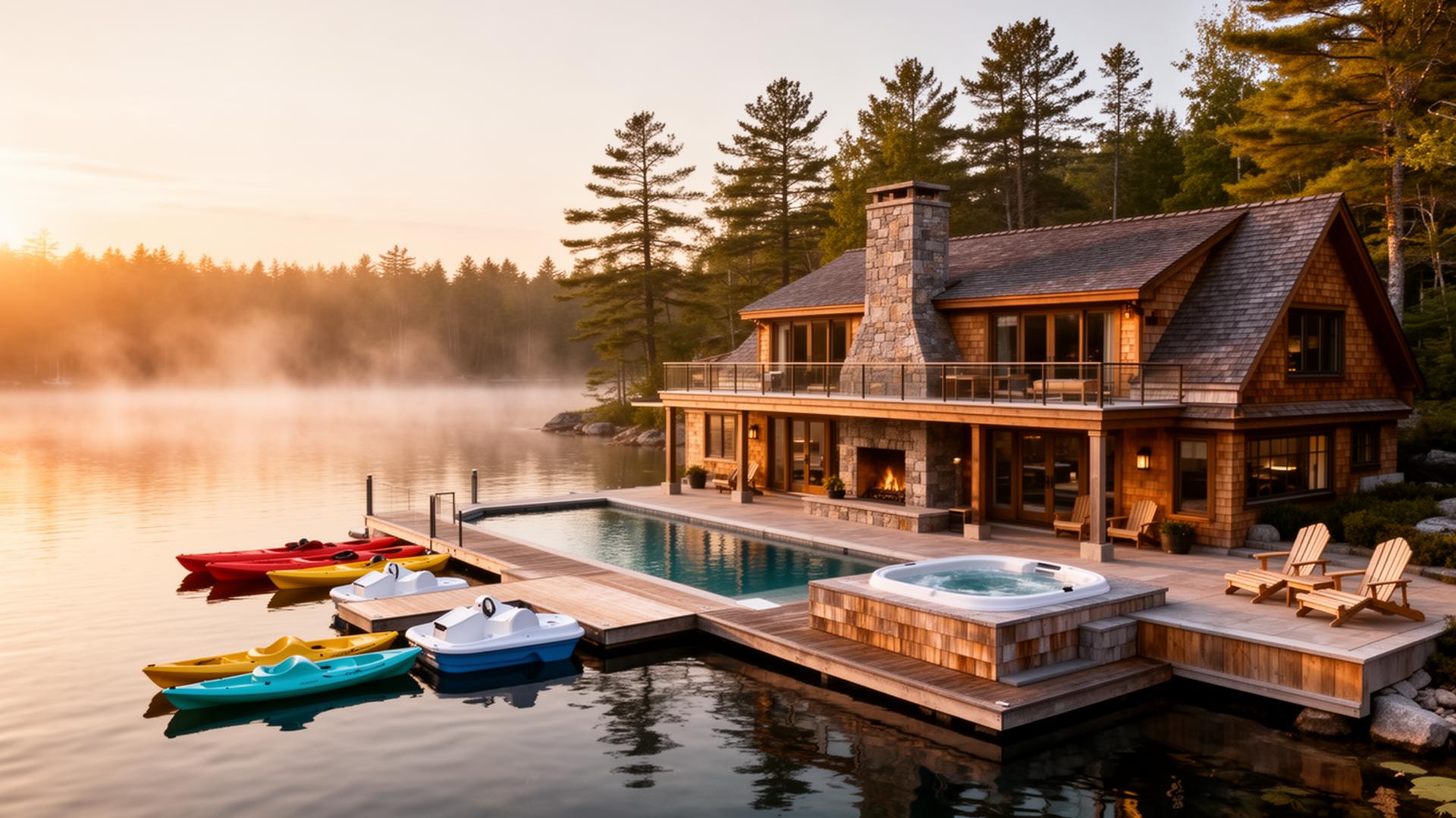 Cinematic luxury lakefront cottage at golden hour