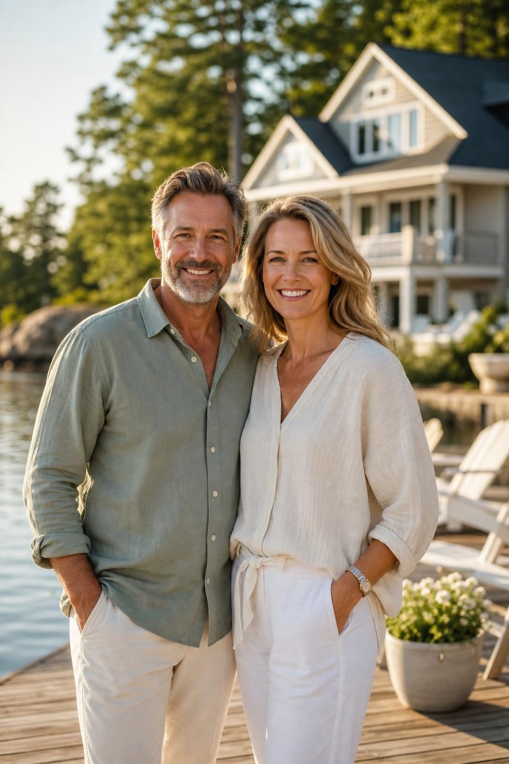 Cottage owners smiling by the lake
