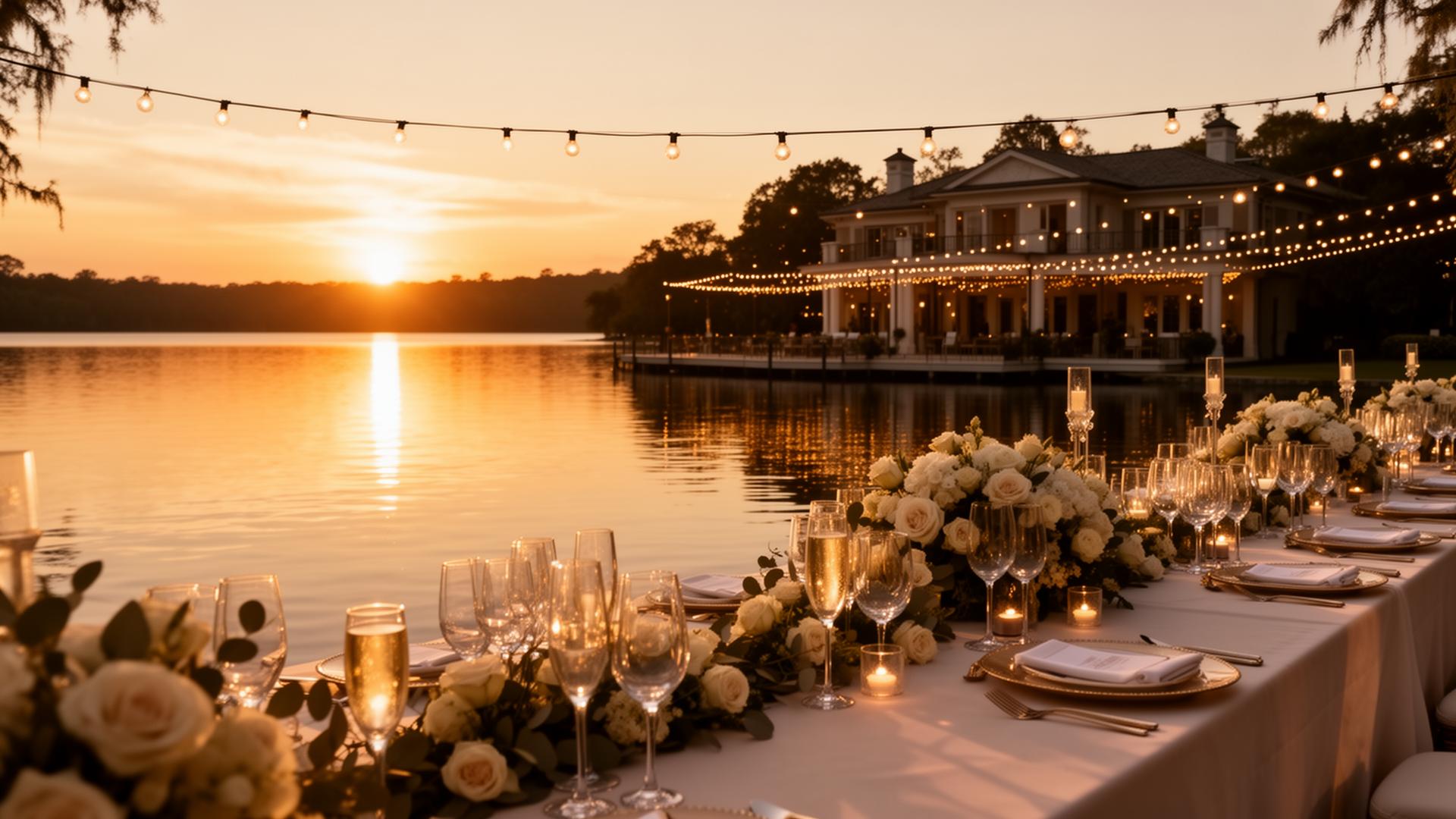 Elegant lakeside celebration at sunset with string lights and florals