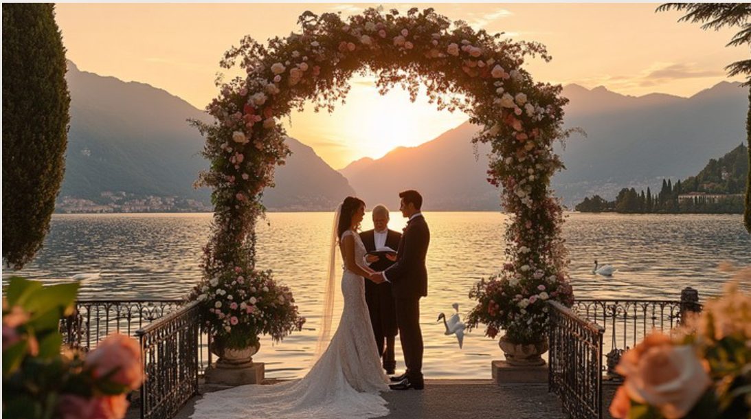 Lakeside wedding ceremony at sunset